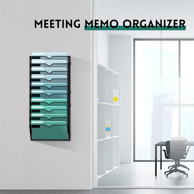 10-Tier Wall File Organizer, Hanging File Holder, Wall Mounted Mail Sorter | Metal Mesh Hanging File Organizer with Open Compartments and Label Panels for Papers and Folders at Home, Office or School