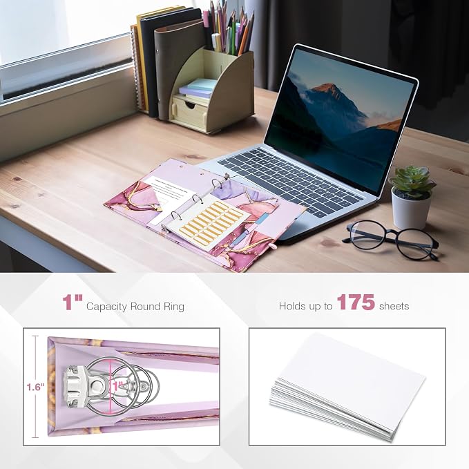Ospelelf Mini 3 Ring Binder 1 Inch, Cute Pink Marble for 5.5" x 8.5" With 5 Tab Dividers, File Folder Labels and Low Profile Clipboards for School and Office Supplies
