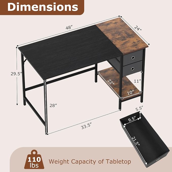 Giantex 48" Computer Desk with 2 Fabric Drawers, Industrial Home Office Desk with Open Storage Shelf, 2-Toned Finish & Metal Frame, Gaming Study Writing Table for Small Space, Bedroom, Black