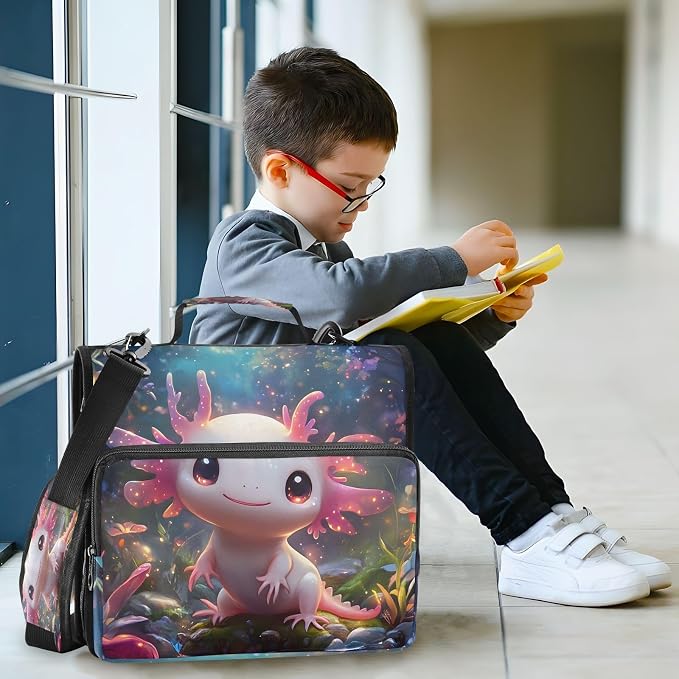 3 Ring Zipper Binder with Shoulder Strap Cute Axolotl Animal 2 Inch Zippered Binder Bag 500 Sheet Capacity Multi Pockets for School Supplies