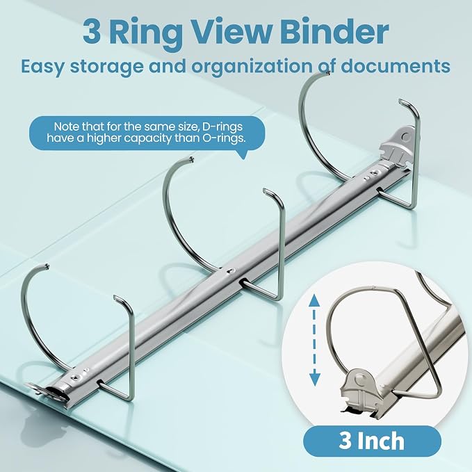 SUNEE 3 Ring Binder 3 Inch D Ring, Clear View Binder Three Ring PVC-Free (Fit 8.5x11 Inches) for School or Office Supplies, Pastel Blue, 1 Pack