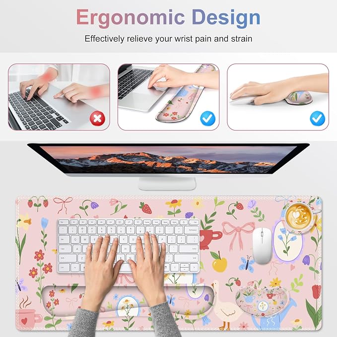 Large Gaming Mouse Pad Set, Adorable Style 4 in1 Ergonomics Keyboard Desk Mat with Memory Foam Wrist Rest, Extended Game Mousepad, Non-Slip Desk Pad Matt Easy Typing Pain Relief I Pink Girly