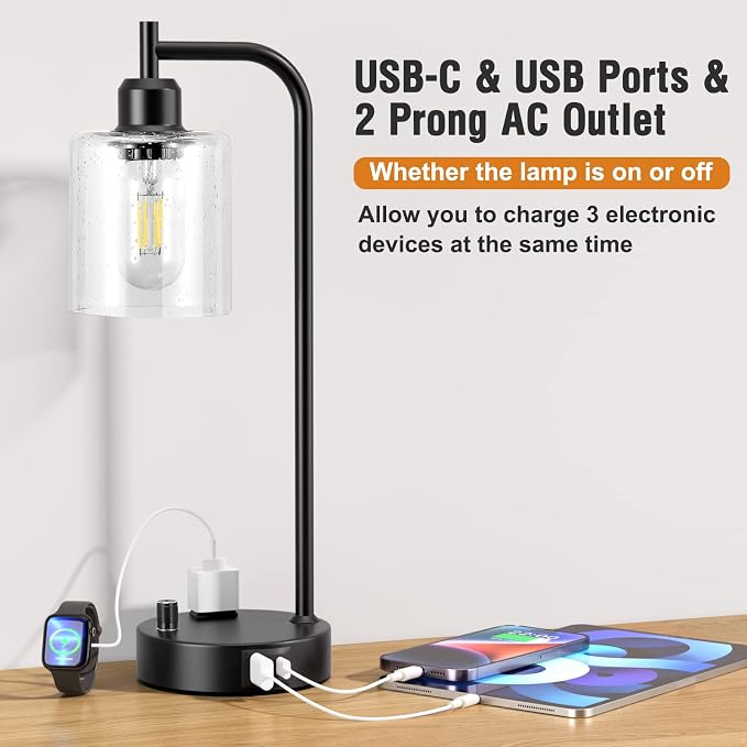Industrial Bedside Lamps Set of 2, Fully Dimmable Desk Lamps for Bedroom | Glass Shade, USB C+A Charging Port & Outlet, Black Nightstand Table Lamps for Living Room, Office, Reading, Vintage