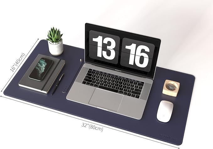 RENMTURE Dual-Sided Mouse Pad, Natural Cork & PU Leather Large Desk Pad for Office and Home Work, Desk Protector Non-Slip, Waterproof, Easy Clean (Dark Blue, 32"x16")