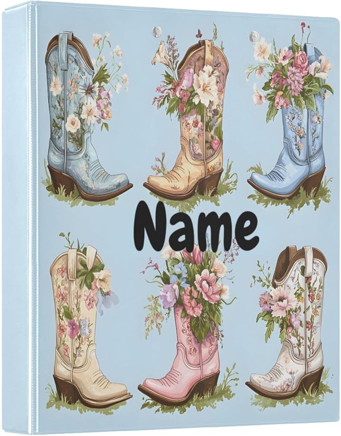 Custom 3 Ring Binder Cowboy Boots Flowers 1.5" Round Ring Binders Personalized Name View Binder with 200 Sheet for Kids School Supplies Women Men Office, 1 Pack