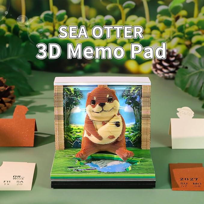 3D Time Piece Calendar, 2027 Desk Calendar With LED Light, 3d Tree Memo Pad Creative Desk Calendar, Christmas Gift for Colleague Friend, Desktop Decoration(Sea Otter)