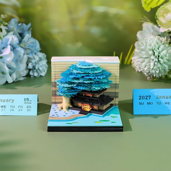 3D Time Piece Calendar, 2027 Desk Calendar With LED Light, 3d Tree Memo Pad Creative Desk Calendar, Christmas Gift for Colleague Friend, Desktop Decoration