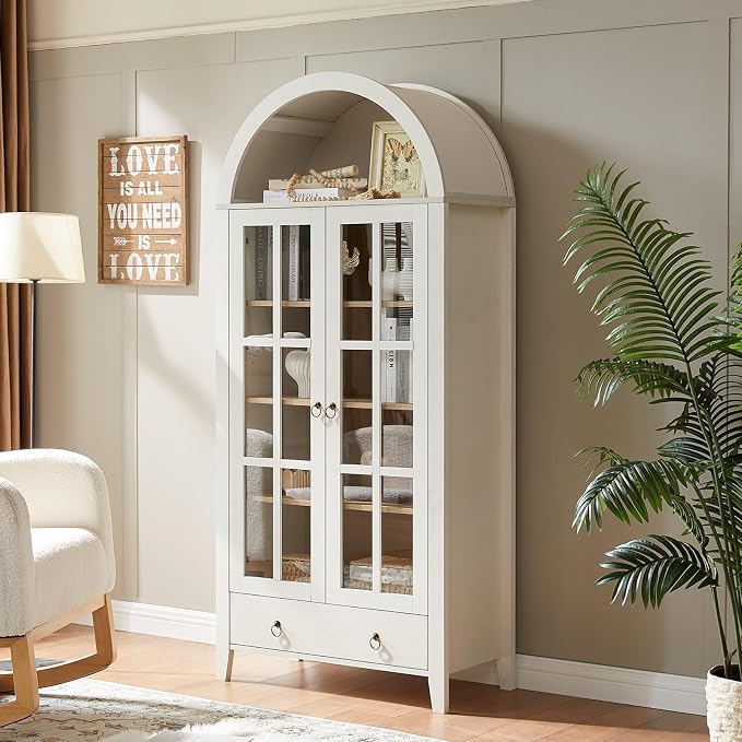 RowyPoey 71" Tall Arched Cabinet Bookshelf with Glass Door & Storage Drawer | Modern Farmhouse Display Cabinet,Adjustable Shelves,Wooden Kitchen Pantry for Dining Room,Living Room,Antique White,2 Pack