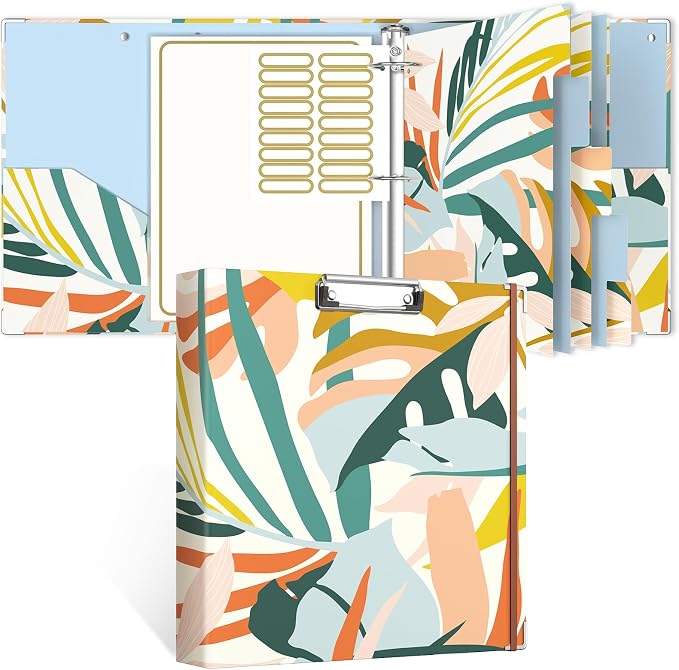 Rouidr 3 Ring Binder, 2 Inch Round Ring Binder Organizer with Clipboard, 5 Dividers Tabs, A4 8.5 x 11 Inch Paper & Clear Sleeves for School, Office Supplies, Colorful Leaves