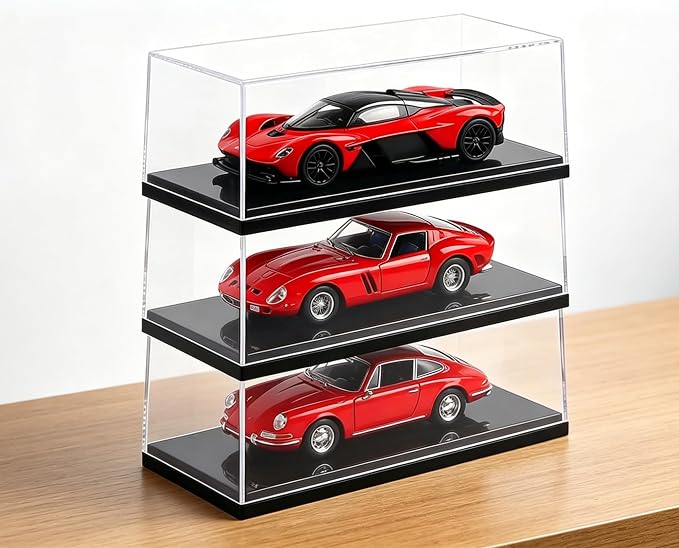 Model Car Display Case for 1:32 Scale Diecast Cars, Clear Acrylic Stackable Showcase Box for Toys & Memorabilia, Dustproof Collector Storage with Black Base, 8 x 3.7 x 3.7 Inch
