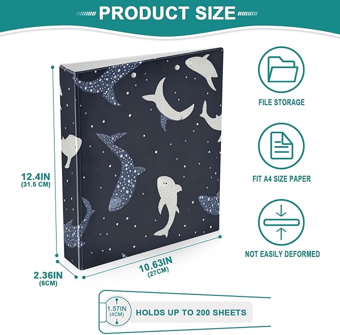 Caikeny 3 Ring Binder Blue White Whale Sharks 1.5 Inch Binders Round Ring Clipboard with 2 Pockets for Office Supplies