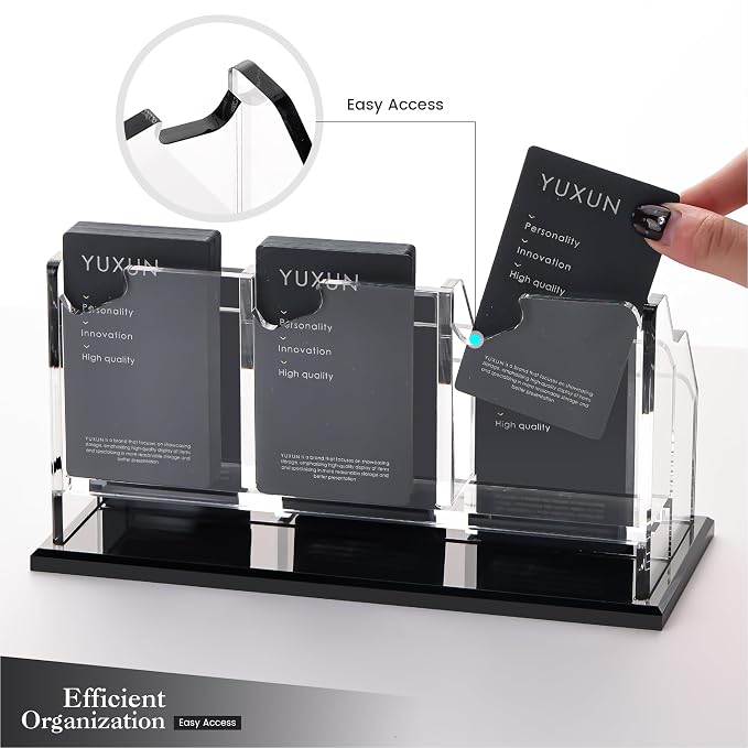 YUXUN Business Card Holder for Desk Vertical 2 Tier 6 Slot ,Black Acrylic Business Card Display Stand for Men & Women,Desktop Business Card Organizer for Office Home Exhibition, 300 Card Capacity