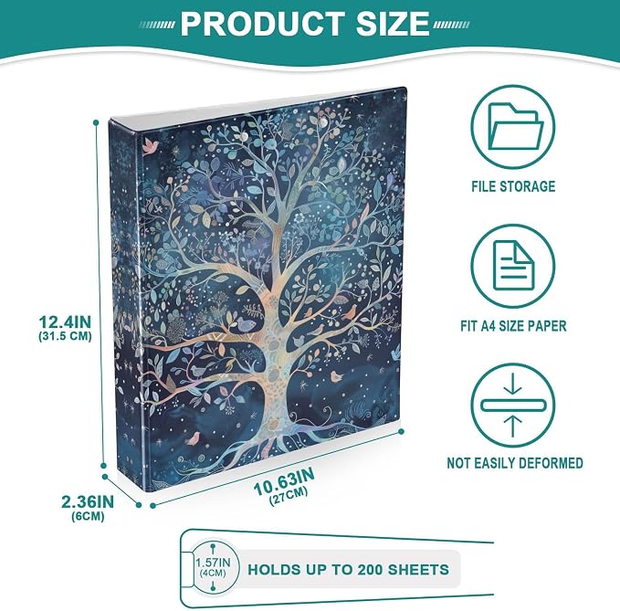 3 Ring Binder 1.5 in Recipe Binders 1 Pcs Tree of Life | Decorative Client Records with Clip 3 Clear Interior Pockets for 200 Sheets Letter-Size(11" x 8.5") Paper PVC Cover Folder