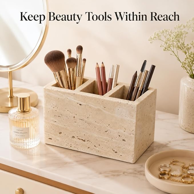 Travertine Desk Organizer, 3 Compartment Pencil Holder | for Pens, Makeup Brushes, Office Supplies and Bathroom Counter Decor, 5.91 x 3.94 x 3.94 in