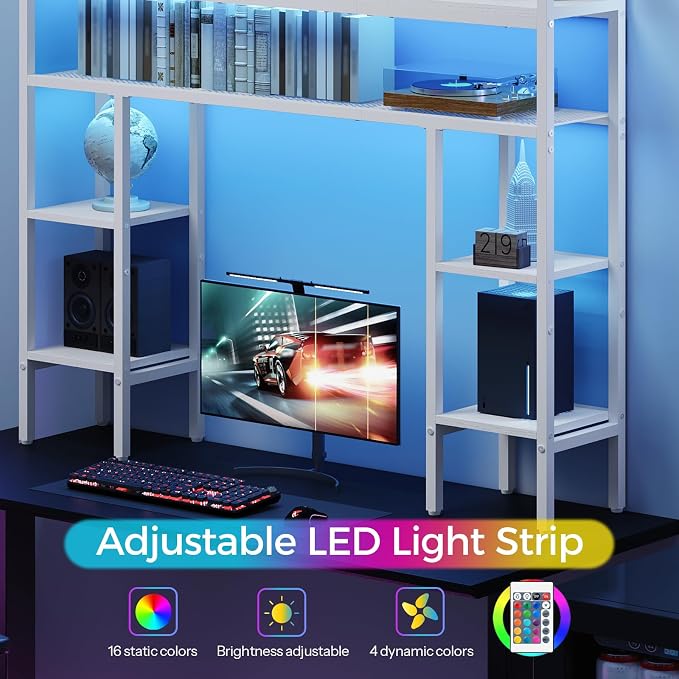 MAHANCRIS Desk Shelf, 43.3" Desk Hutch with Light Strip | Office Desktop Organizer, 5 Tier Desktop Bookshelf for Computer Monitor, Storage Rack for Study, Home Office, White