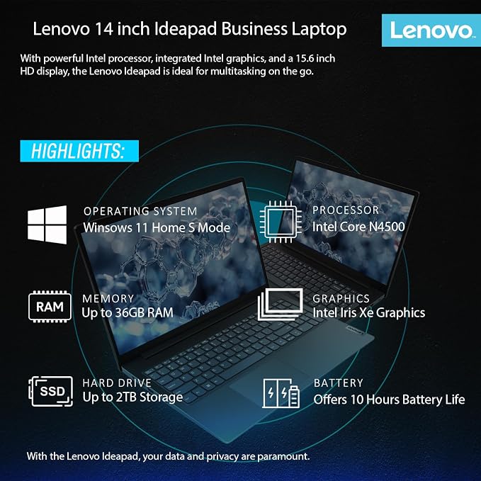 Lenovo IdeaPad Laptop with Microsoft 365 Office, Intel High Performance CPU, 4GB RAM, 1TB Cloud & 128GB Storage, 11 Hour Battery, SD-Card Reader,Webcam + WiFi 6, Windows 11