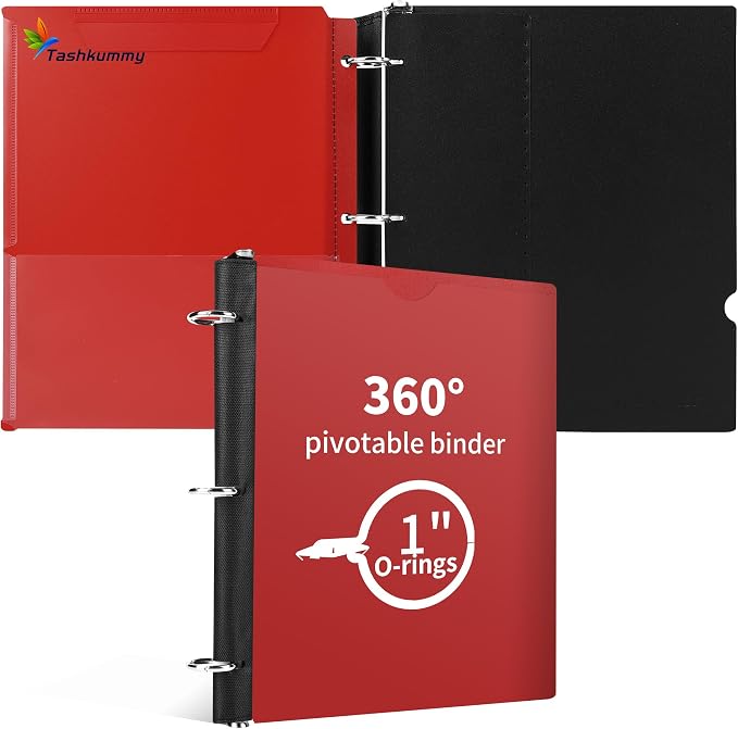 360 Degree Pivotable Binder, Upgraded 3 Ring Binder 1 inch, Flexible Binders 3 Ring, Foldable Three Ring Binders- Red