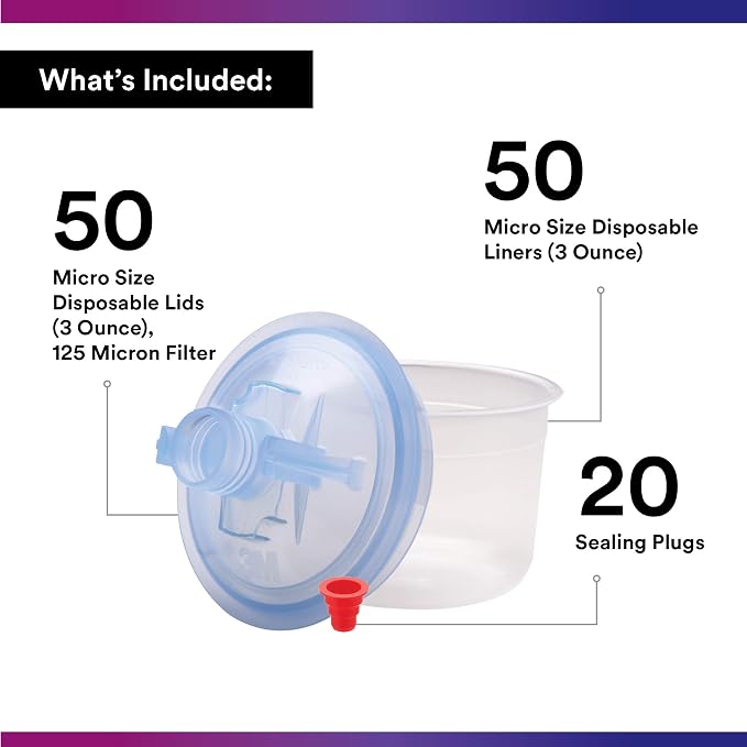 3M PPS (Original Series) Paint Spray Gun Cup Lids and Liners Kit, 16328 | Micro, 3 oz, 125-micron Filter, Use w/ Paint Gun for Cars, Furniture, Home, 50 Disposable Lids and Liners, 20 Plugs