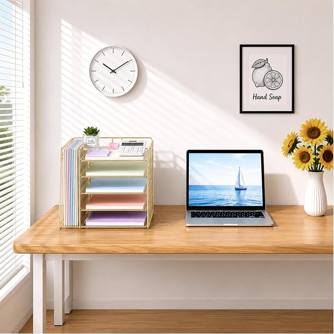 Desk Organizer, 5-Tier Paper Organizer Letter Tray, Gold | Desk Organizers and Accessories, Office Desk Accessories & Workspace Organizers, Desktop File Organizer for Office Supplies