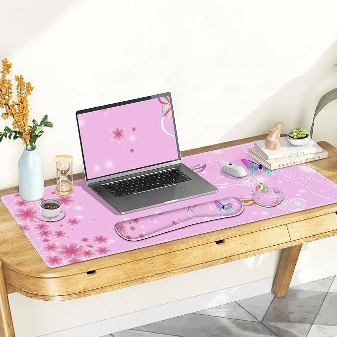 Pink Butterfly Desk Mat, Florals 4 in1 Large Gaming Mouse Pad Set, Ergonomics Keyboard Pad with Memory Foam Wrist Rest, Extended Game Mousepad Non-Slip Desk Protector Matt Easy Typing Pain Relief