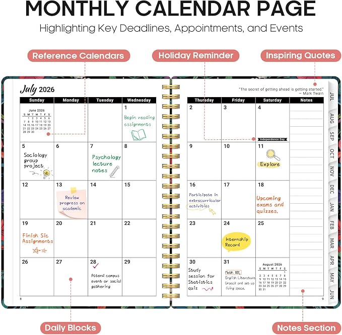 Taja Planner 2026-2027, Jul 2026-Jun 2027 Monthly & Weekly Calendar Planner | 6.3" x 8.5", Hardcover Academic Calendar, Teacher Student Agenda Book with Tabs, School Office Supplies, Hummingbird