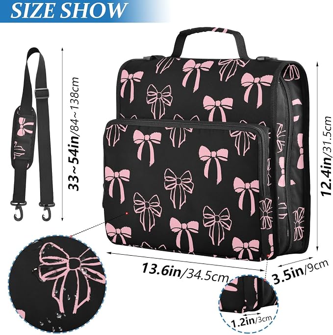 Bow Knot Pink Black Zipper Binder with Shoulder Strap Bag 3 Ring Binder Organizer Large Capacity Multiple Compartments for School Office