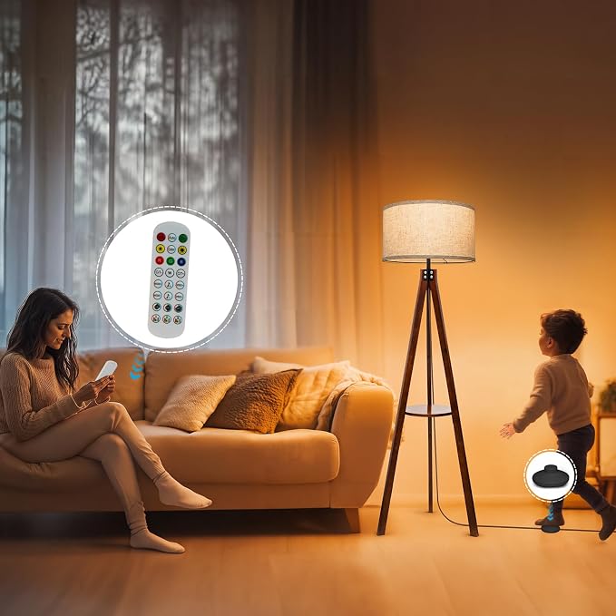 EOEYYOYB Floor Lamps with Shelf, Modern Standing Lamp with 3 Color Temperature Led Bulb, Tall Lamps with Foot Switch for Living Room Bedroom and Office, Juglans Nigra