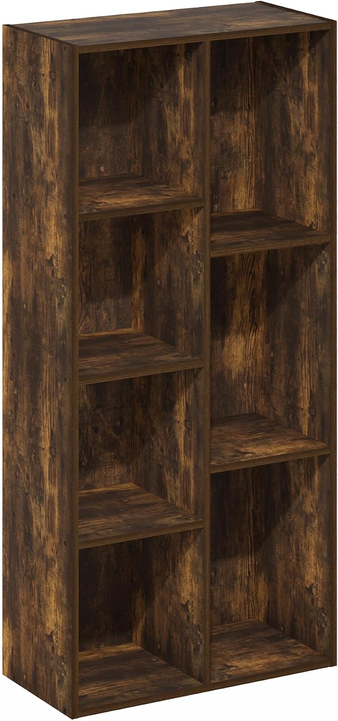 Furinno LUDER Book Shelf, 7-Cube Bookshelf, Bookcase with Open Shelves, 9.4 x 19.5 x 41.7, Easy Assembly, for Living Room, Bedroom, Home Office, Amber Pine