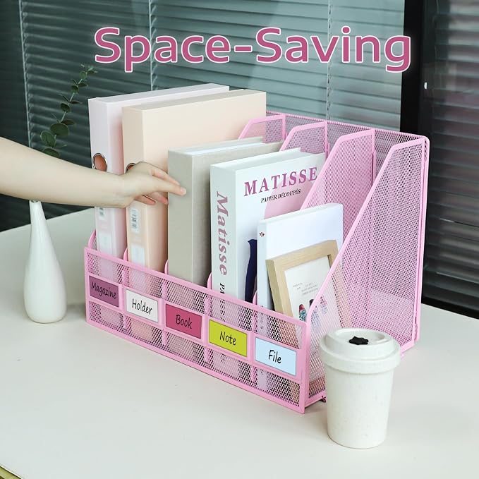 Desk Organizers, Metal Magazine File Holder with 5 Vertical Compartments Rack Binder File Organizer for Office Supplies, Home Workspace - Pink