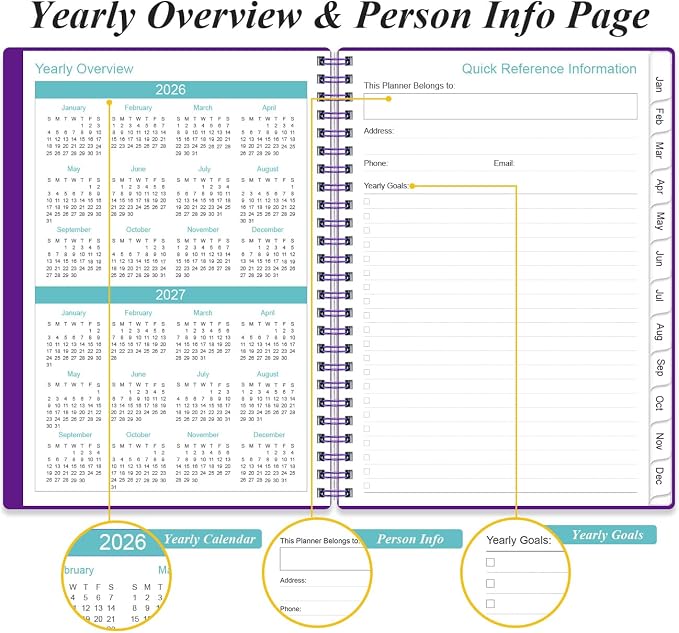 Daily Planner 2026 Full Page Per Day- 2026 Daily & Monthly Planner from January 2026 to December 2026, Day Planner 2026 with 12 Months Tabs, 6.4" x 8,5", Purple