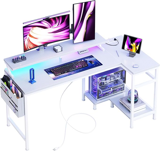 DUMOS L Shaped Gaming Desk, 48" Computer Desks with Storage Shelves | Coner Desk with USB Charging Ports, Power Outlets, LED Lights and Monitor Stand for Home Office, White