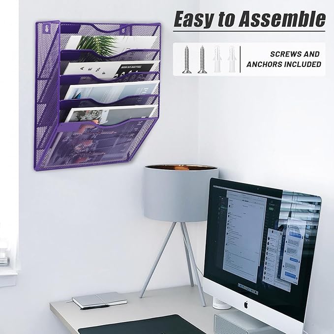 EASEPRES 5 Pocket Mesh Hanging Wall File Organizer, Wall Mounted Mail Paper Document Folder Holder, Clipboard Storage Organization Magazine Rack with Nametag Label for Office Home School, Purple