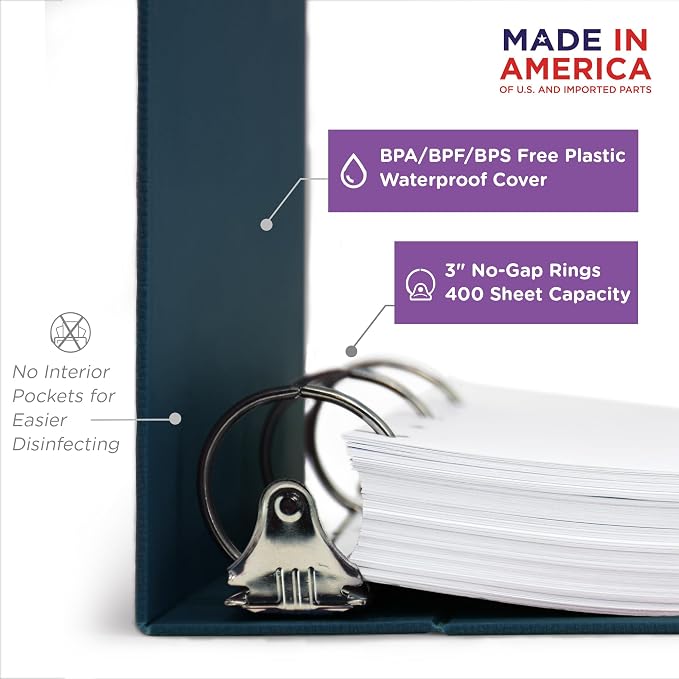 Carstens 3-Inch Heavy Duty 3-Ring Binder - Top Opening, Navy Blue, Durable Plastic, No-Gap Rings, Waterproof Cover, No Pockets, Holds 400 US Letter Sheets, BPA-Free, Made in USA (1759-3R), Case of 12