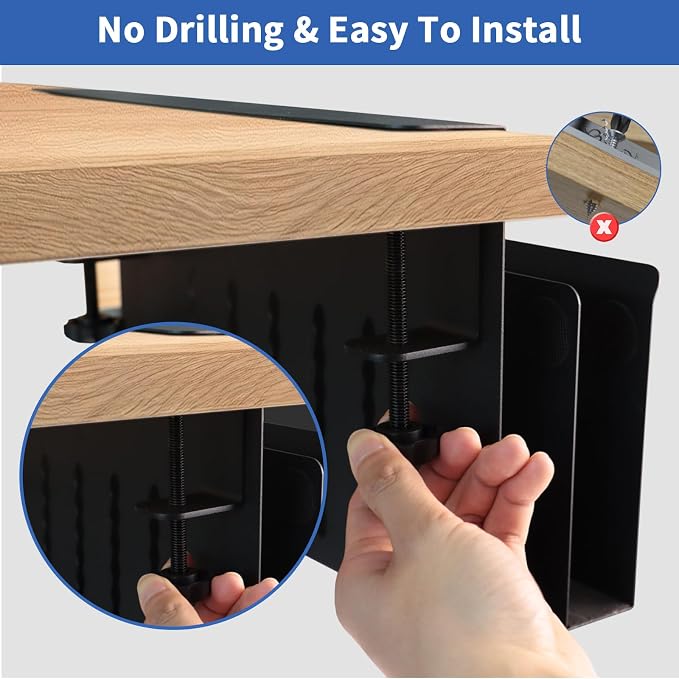 LUKETURE 2 Tier Desk Side Storage, No Drill Laptop Mount with Pen Holder | Fits Flat Edge Desks 0.3 to 2.8 Inches,Secure Grip on Wood, Glass, or Metal Surfaces Without Slipping