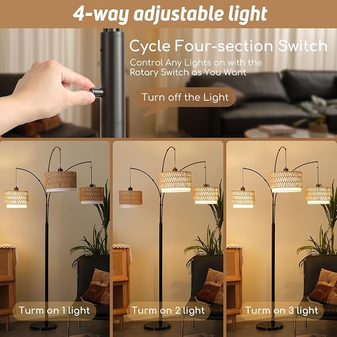 80'' Rattan Arc Floor Lamp for Living Room, 3-Light Boho Tree Tall Lamp | Heavy Natural Marble Base, 1/2/3-Light Rotary Switch,Double-layer Wicker/Fabric Shades for Reading Corners,8 ft+ Ceilings
