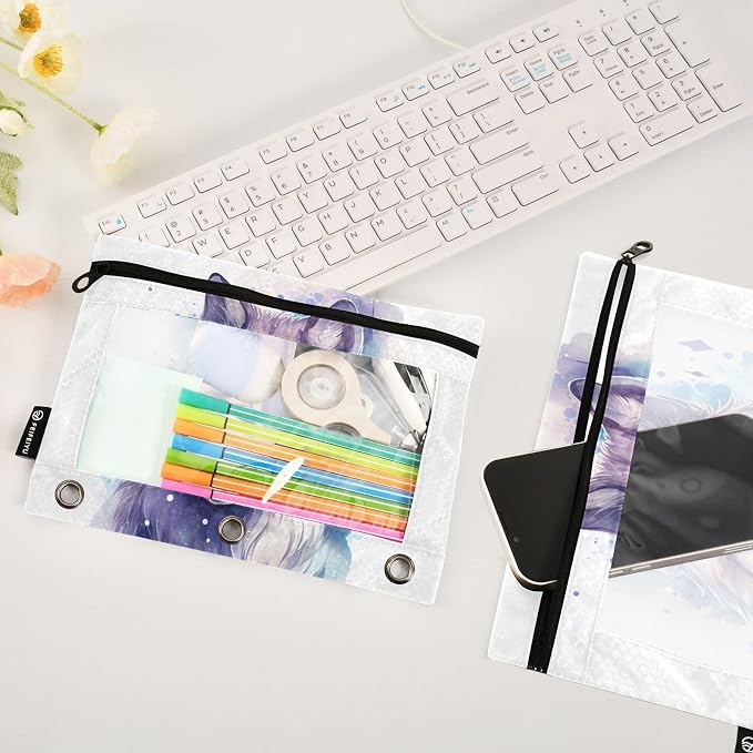 Wolf Watercolor Pencil Pouch for 3 Ring Binder, 2 Pack Waterproof Pencil Bags Clear Window Pencil Case Zipper School Office Supplies