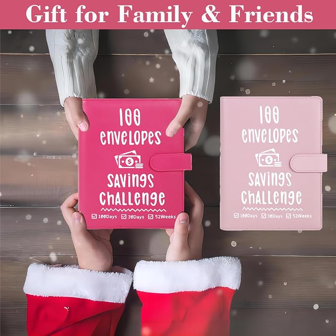 2 Pack 100 Envelopes Money Saving Challenge, Cash Budget Planner A5 Binder | Savings Challenges Book Organizer Folder with 3 Tracker to Save $5,050 $2,600 $300, 100 Pre-numbered Pockets, Red & Pink