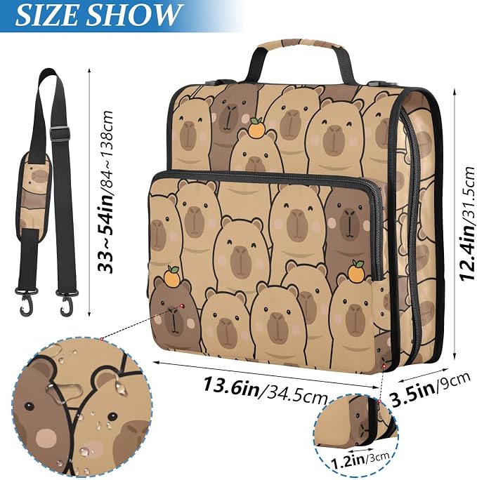 Cute Capybara with Orange 3 Ring Binder Bag 1.5 inch Binder Organizer with Zipper Shoulder Strap 500 Sheet Documents Storage for School Office
