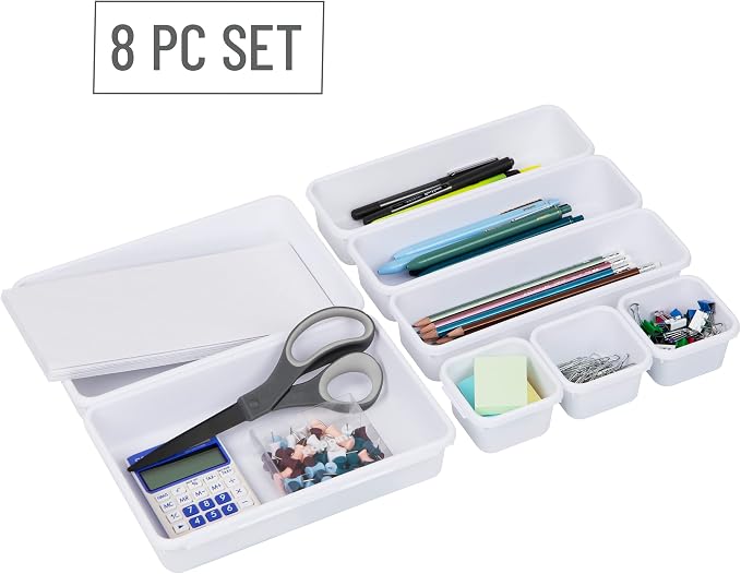 Mind Reader 8-Pc Drawer Organizer, Desk Organizer, Interlocking, Storage, Kitchen, Office, White
