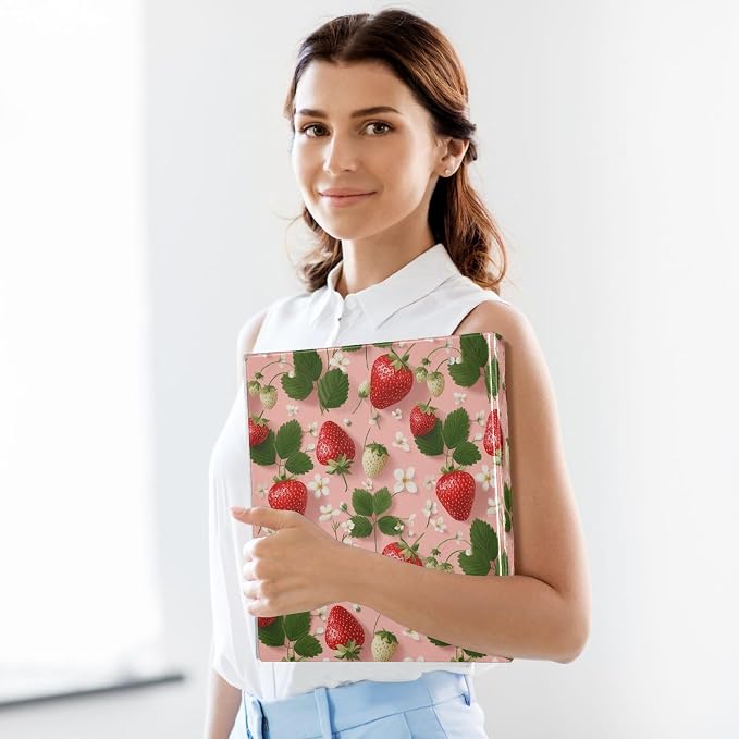 Flower Strawberry 1.5 Inch 3 Round Ring Binders with Pocket Clip, Holds 200 Sheets Documents for Office Classroom Student Organization Hard d Ring Binders with Printed