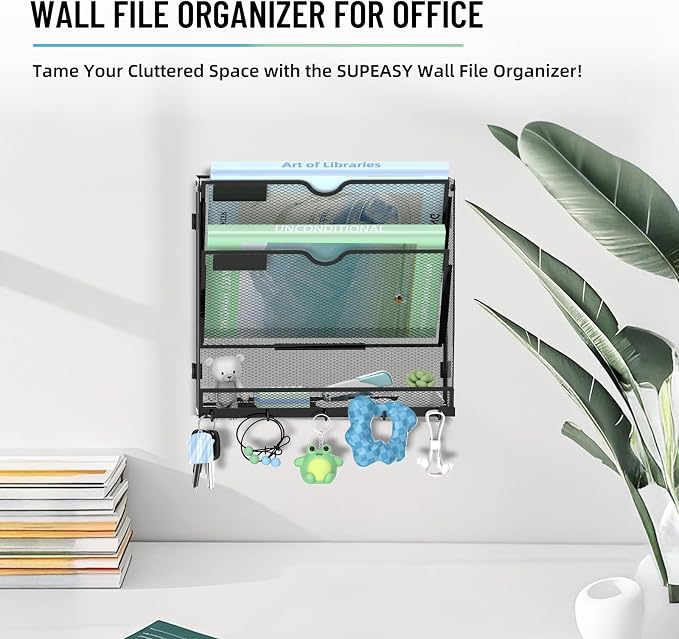3-Tier Wall File Organizer with 5 Hooks, Wall Mounted Mail Organizer | File Holder Organizer, Metal Mesh Office Wall Organizer for Home, School & Classroom