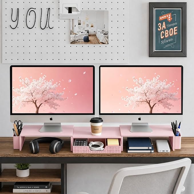 LEKETREE Dual Monitor Stand Riser with Drawer, Desk Organizer and Accessories, Monitor Stand for Desk, Desktop Stand for Computer, Laptop, TV and More (Pink)