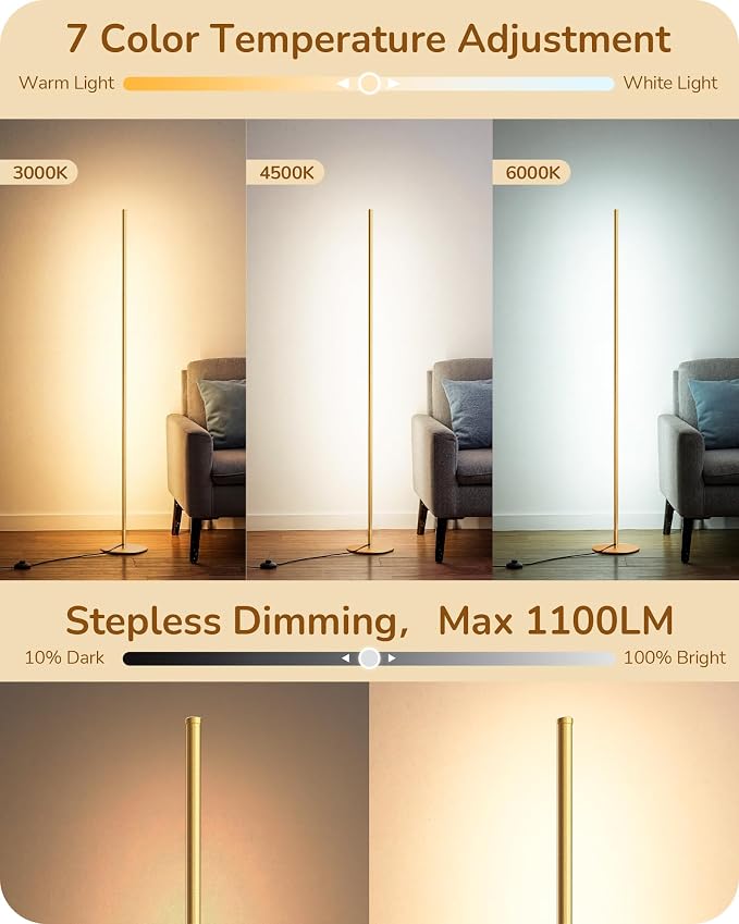 EDISHINE Floor Lamp, Remote Control & Foot Switch Floor Lamps for Living Room, 10%-100% Dimmable Standing Lamp with 7 Color Temperature, 57.5" Tall Corner Floor Lamp for Bedroom, Office, Gold | 2700-6000K, LED Minimalist Modern Floor Lamps for Living R...