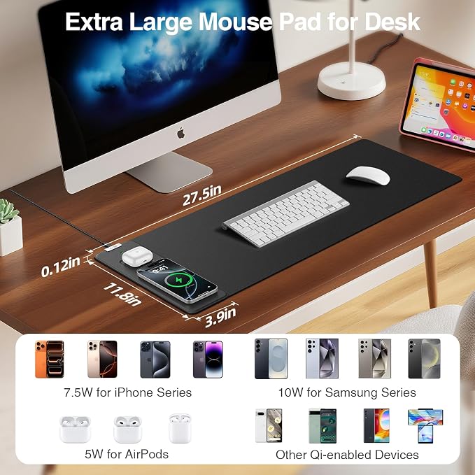 Magnetic Wireless Charging Mouse Pad, 27.5"x11.8" in, Black | Gaming Desk Mat with Superior Stitched Edges, Non-Slip Base, Waterproof Smooth Desk Writing Pad for Gamer, Office & Home