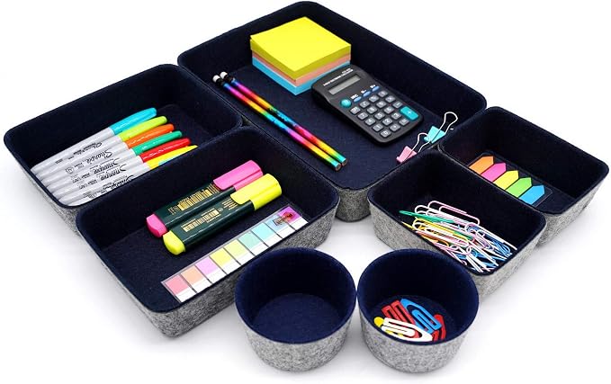 7 Piece Felt Desk Drawer Organizer Storage Bin Navy Catchall Tray | Sustainable material soft yet sturdy,multi-purpose storage, sleek minimalist lifestyle