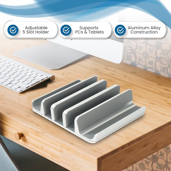 5- Slot Vertical Laptop Stand - Aluminum Laptop Stand Vertical for Desk - Fits MacBook Pro/Air, Surface, Mobiles & Gaming Laptops up to 17.3" - Heavy Duty Laptop Holder for Desk - (Silver)