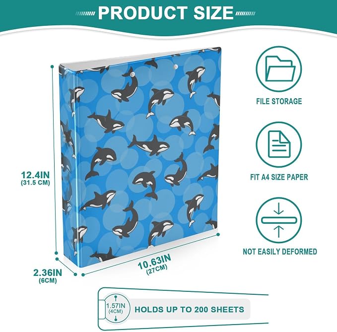 ALAZA 3 Ring Binder Orca Killer Whale on Blue Background Clipboard Round Ring Binder Holds 1.5 Inch Three Ring Binder Heavy Duty Ring Binders for School Office Supplies, 1Pack