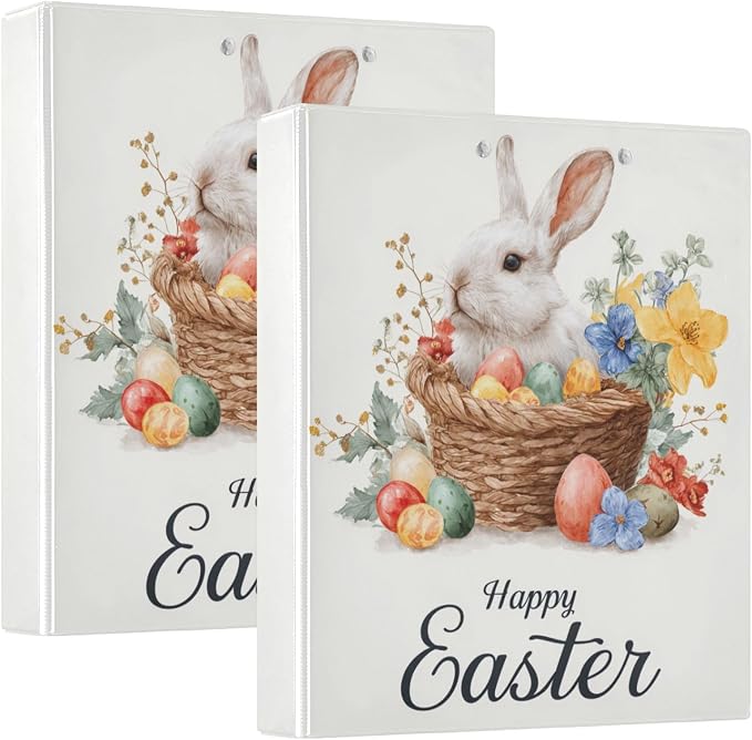 Watercolor Happy Easter Bunny Binder 3 Ring 1.5 Inch Binder with Clipboard&Pockets, Hardcover Binders Heavy Duty Large File Folder for Office School Supplies - Holds 200 Sheets, 2 PC