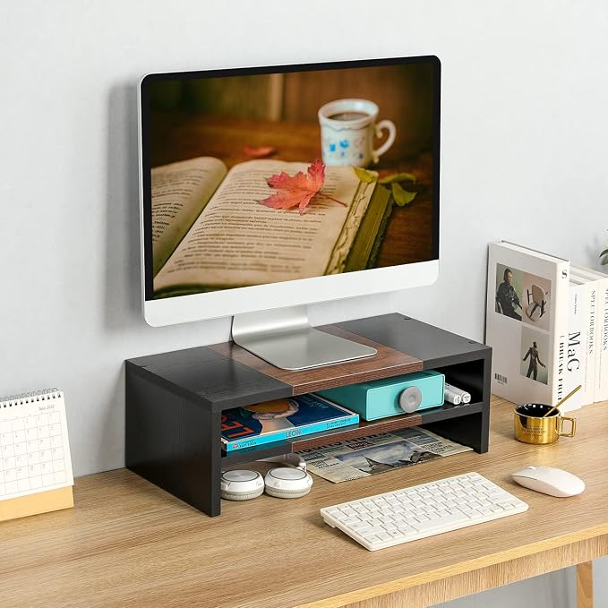 TEAMIX 20 inch Monitor Riser Stand - 2 Tiers, Wood Morden Desktop Bookshelf | Laptop/PC/Printer/Keyboard Storage, Ergonomic Design, 15mm thick Sturdy Wood Boards, TV Stand, Home Office Desk Accessories