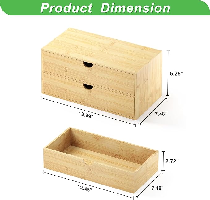 Bamboo Desk Organizer with Drawers, Desktop Storage Box for Office Supplies | 2 Drawers Desktop organizer, No Assembly Required, Natural Wood Wooden Desktop Drawers for Bills, Cosmetics, Seals, Paper